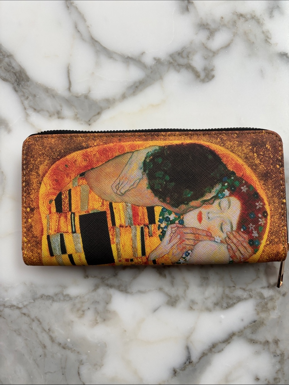 Artistic Gustav Klimt-Inspired Zip Wallet in Gold and Black
